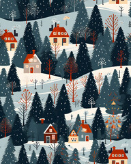 Christmas seamless pattern with snowy trees and red roof houses. Flat style