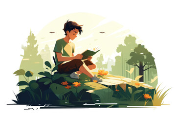boy reading a book in a park. minimalist flat cartoon. AI generated

