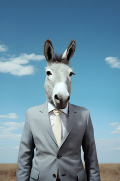 Man in suit with donkey head in style of surreal and dreamlike. 
