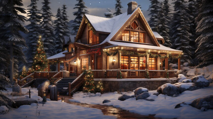Cozy mountain wooden eco-lodge nestled amidst a snow-covered pine forest. Warm golden lights illuminating the windows, serenity of winter retreat Banner. Generative Ai content