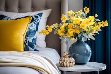 Photo of yellow flowers sitting on a table next to a bed created with Generative AI technology