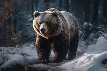 Wild brown bear ursus arctos on the snow