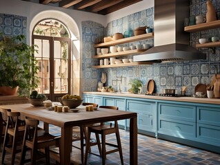 Modern artisanal kitchen with blue tiles and traditional Catalan architecture generative ai
