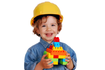 little girl builder with toy block house transparent