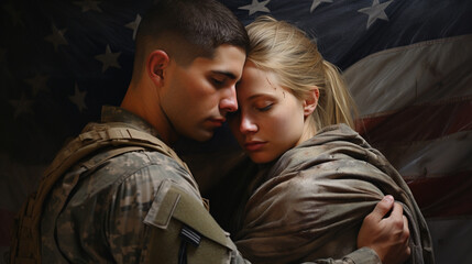 Fototapeta premium heartwarming moment when an American soldier returns home and is welcomed by their family at the airport. Tears of joy flow freely as they share a long and heartfelt embrace