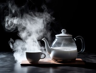kettle pouring boiling water into a cup with smoke on wood table. Created with Generative AI technology.