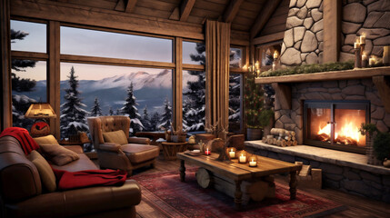 Obraz na płótnie Canvas Cozy mountain wooden eco-lodge nestled amidst snow-covered pine forest. Christmas evening by the fireplace, serenity of winter retreat Banner. Generative Ai content.