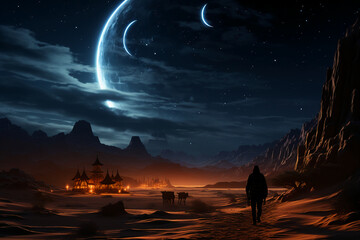 Camel procession in desert wonder, walking on rolling sand dunes, star trail photography. AI generative