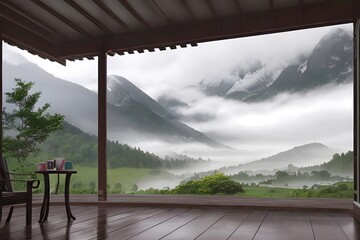 morning in the mountains.Capture the tranquility of a rainy day. Serene outdoor shelter with coffee, book, and misty mountains in the backdrop. A perfect moment of calm.