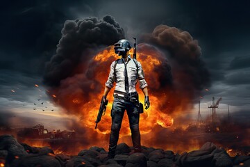 Man infront of explosion of Mobile battle royal fps game, Mobile gaming esports wallpaper banner