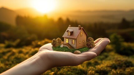 Small house in a human hand. New home, business, investment and real estate concept.