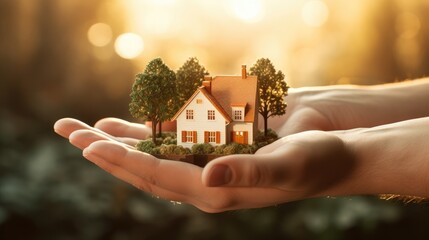 Small house in a human hand. New home, business, investment and real estate concept. - obrazy, fototapety, plakaty