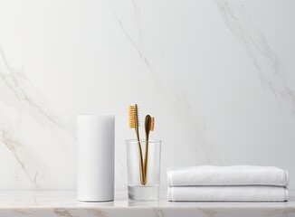 Bamboo toothbrush, glass of water, white a cotton towel and powder for brushing your teeth in jar. light gray concrete surface, gray backdrop. Created with Generative AI technology.
