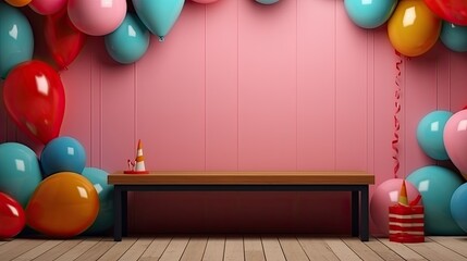 Empty wood and birthday decoration with golden balloon background. For product display. copy space, banner background.