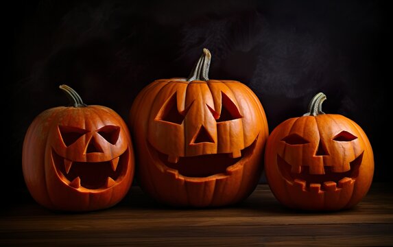 Three halloween Jack Lantern pumpkins. AI, Generative AI