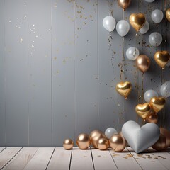 Empty grey wood and birthday decoration and Flower Love , with golden love balloons background. copy space, banner template background.