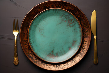 Green and blue colors plate with golden fork spoon and knife