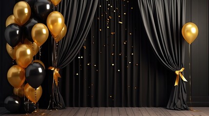 Empty black window curtains with birthday decoration with love balloon background. For product display.