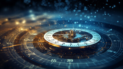 futuristic background with a clock and a blue light ai generated - obrazy, fototapety, plakaty