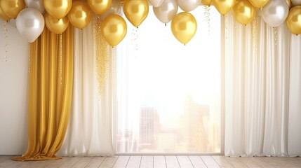 Empty yellow window curtains with birthday decoration with love balloon background. For product display. copy space template background.
