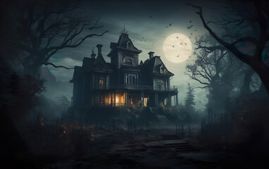 Fototapeta na wymiar Horror halloween haunted house in creepy night fores. AI, Generative AI