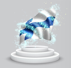 Finland, vector 3d flag on the podium surrounded by a whirlwind of magical radiance