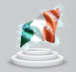 Ireland, vector 3d flag on the podium surrounded by a whirlwind of magical radiance