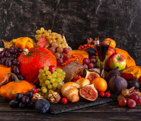 Thanksgiving concept, still life with fruits, pumpkin, vegetables, harvest