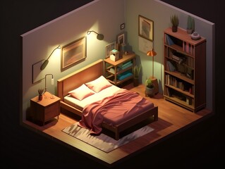 Low-poly isometric aesthetic bedroom, small 3D room with RGB lighting generative ai