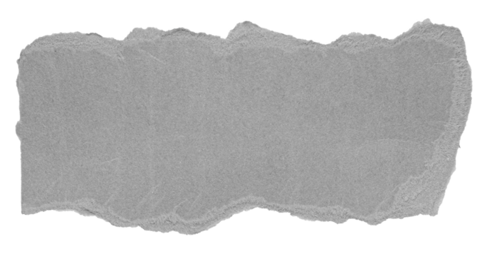 Single piece of isolated ripped crumpled blank gray paper with rough torn edges and blank copy space for text on white or transparent background, png design element
