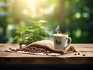 coffee cup with coffee beans, roaster, organic coffee, leaves and nature, premium coffee, porcelain cup, espresso, americano, homemade brew, high quality coffee, outside in nature © Ncorp
