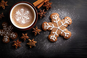 A delightful spread of homemade gingerbread cookies and a steaming cup of cappuccino on a rustic wooden table, creating a festive winter scene