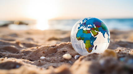 Earth globe on a beach, wild life, ecology, tiny planet, sea,  sand, earth ball on the ground, dirt, protecting the earth, protect the sea, back to nature, CSR, human impact on nature