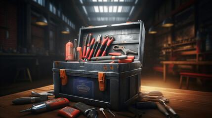 Toolbox with tools on a wooden floor, ai generated