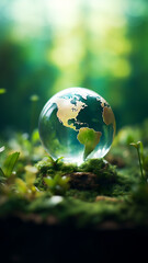 Obraz na płótnie Canvas Earth globe in nature, wild life, ecology, tiny planet, forest, moss, earth ball on the ground, dirt, protecting the earth, plant a tree, back to nature, CSR, human impact on nature