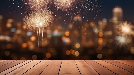 Wood floor empty with bokeh lights on fireworks background, Advertisement, Print media, Illustration, Banner, for website, copy space, for word, template, presentation.