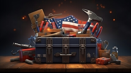Toolbox with tools on a wooden floor, ai generated