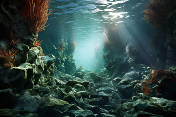 Fototapeta na wymiar Underwater background deep blue sea, seaweed, rock and beautiful light rays with sandy floor, Generative AI.
