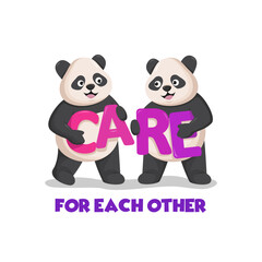 two pandas holding the words care for each other. true friendship. panda series design for t-shirt,clothes,apparel and banner