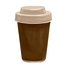 Paper cup with lid with hot coffee. Digital hand drawn illustration isolated on white background. Hand drawn illustration
