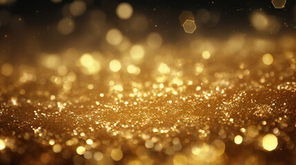 Golden glitter particles with bokeh lights on black background