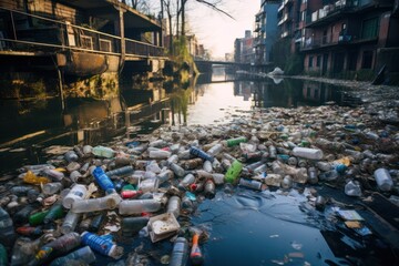 Plastic bottles clog city canal, an environmental crisis polluting waterway.
