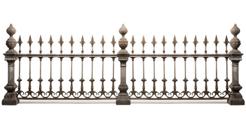 Dark gray metal straight fence with vintage gothic style monograms isolated on white transparent png background, cutout, clipart. 3d render illustration style.
