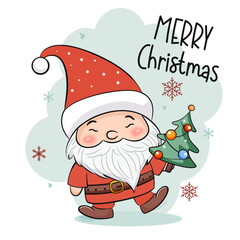 Merry Christmas, happy Santa Claus in greeting card scene. Vector illustration.