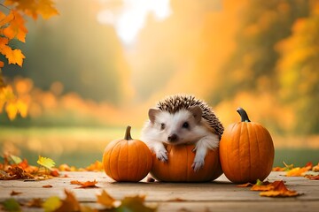 Halloween holiday, cute hedgehog and pumpkin on a neutral background created by artificial intelligence on a neutral background generated by AI