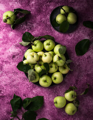 Fresh ripe green apple in purple background.