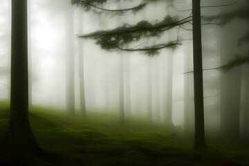 a painting of woods in a forest of trees covered in foggy mist in the morning generated by AI
