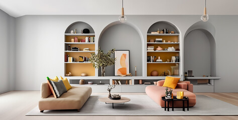 Interior design of modern scandinavian apartment, living room 3d rendering. Generative Ai content