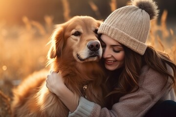 young adult woman holding her dog , outdoor autumn park, AI Generated
