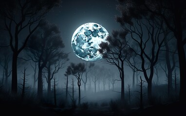 Fototapeta na wymiar Dark night forest full moon. AI, Generative AI